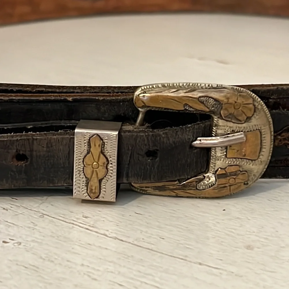 Vintage Mexico Silver & brass belt buckle and tooled leather belt 38” - 42”